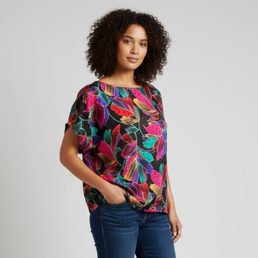 Vintage Diana Marco Colorful Leaf Print Women's Satin Blouse